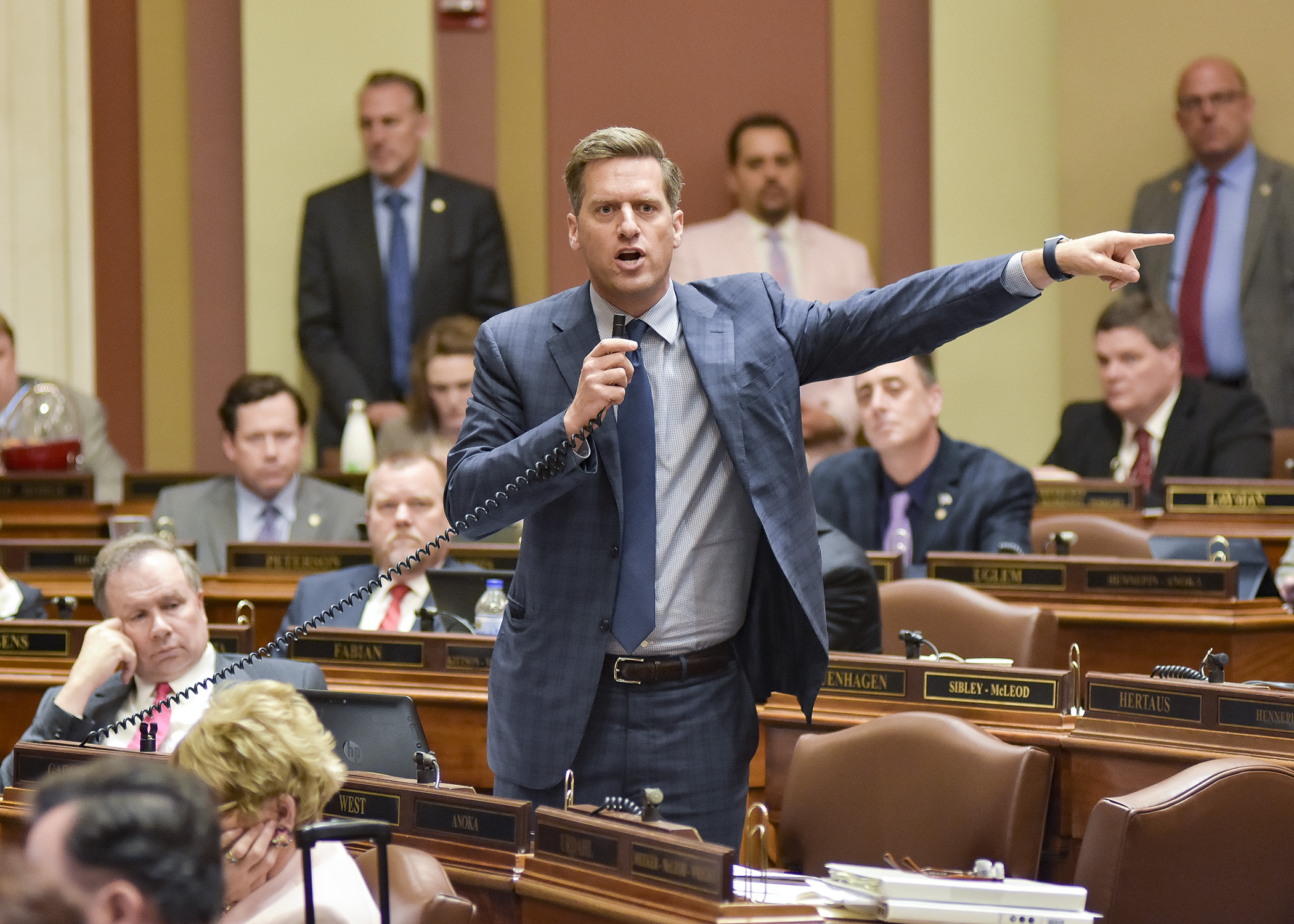 House Speaker Kurt Daudt, in a rare occurrence, makes a floor speech Monday during debate on a bill involving the proposed Enbridge pipeline. Photo by Andrew VonBank